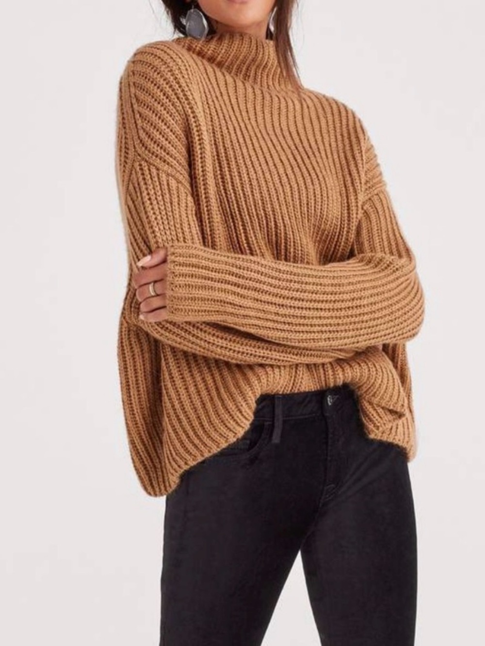 7 for all Mankind Oversized Ribbed Mock Neck Sweater in Camel Size Small